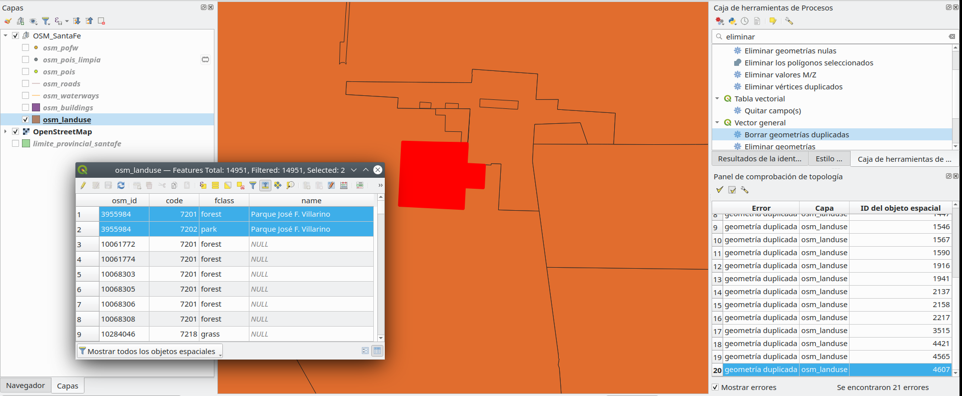 Results of topology check on the buildings vector layer