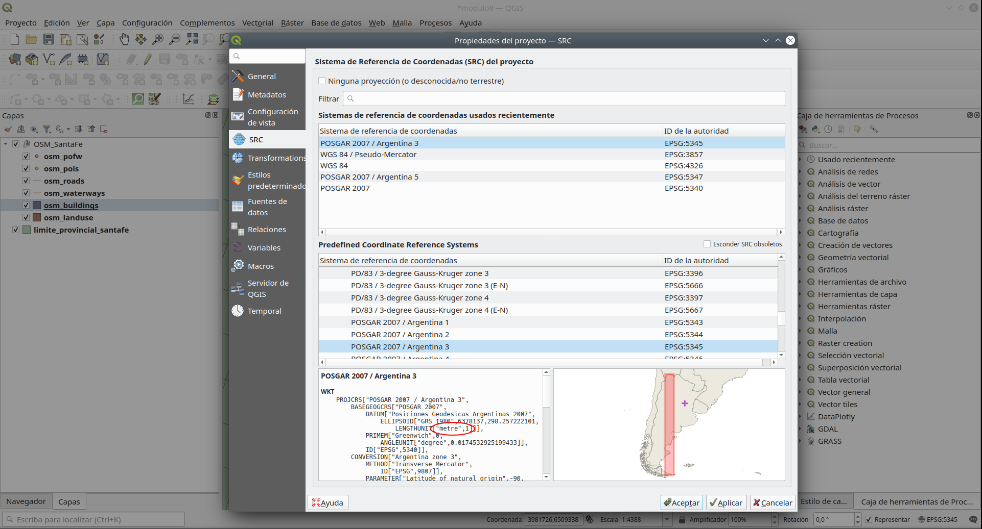 Specifications of the coordinate reference system used in the QGIS project