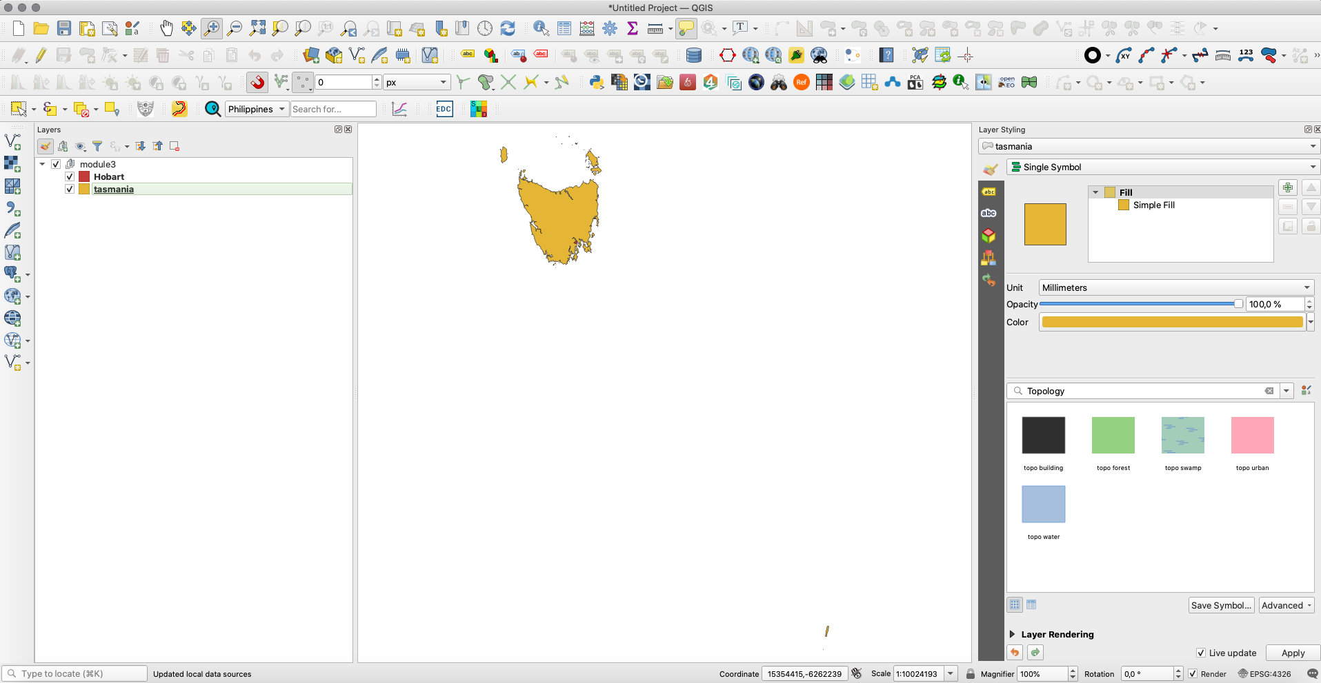 Tasmania and Hobart layers loaded in QGIS