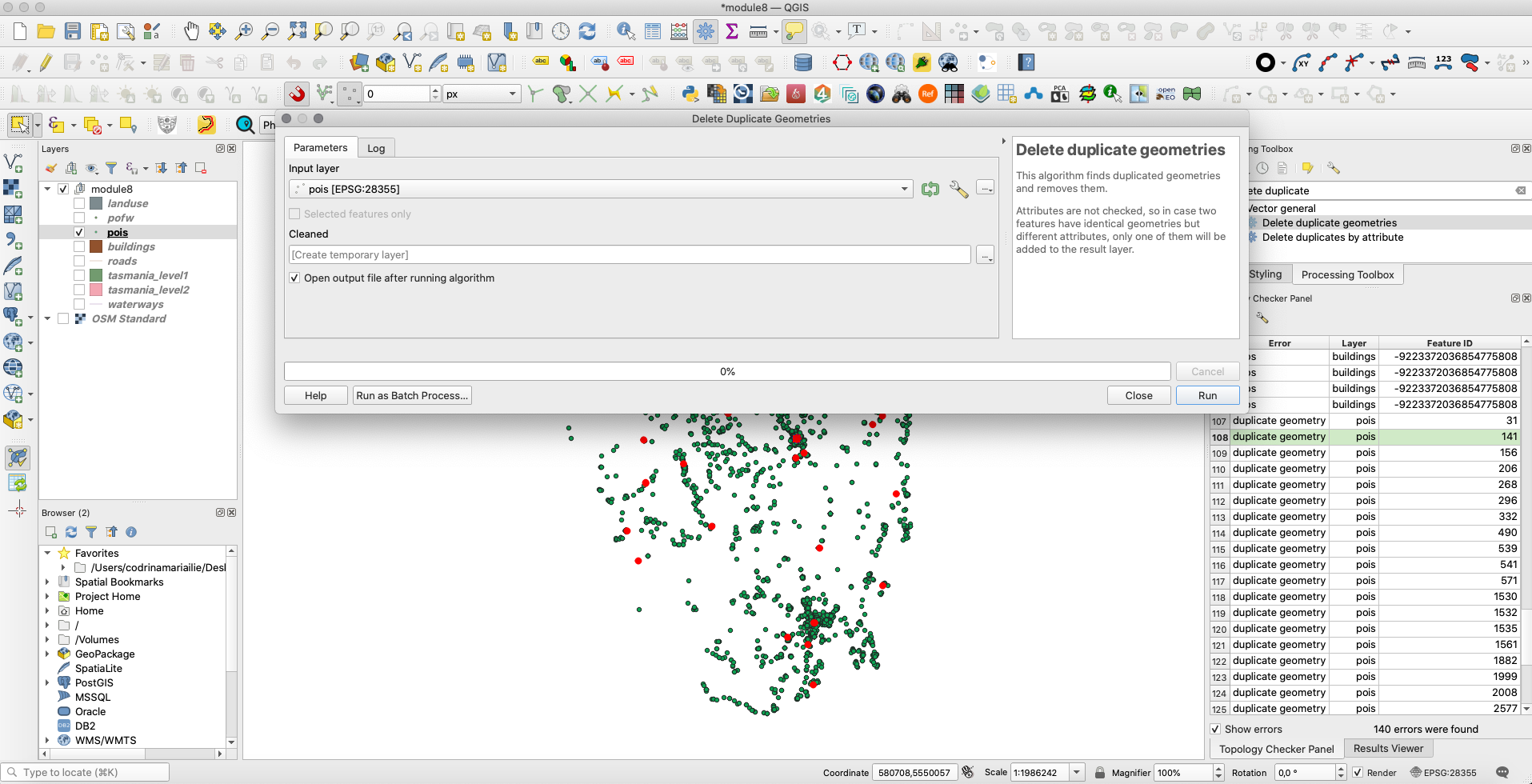  Delete duplicate geometries on layer points of interest