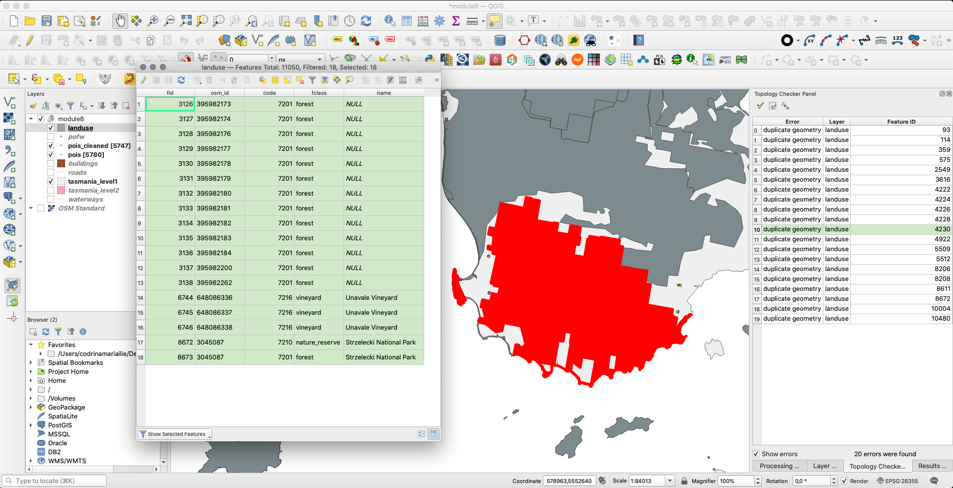 Results of topology check on the landuse vector layer