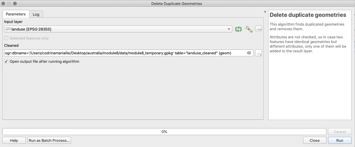 Remove duplicate geometries on the landuse vector layer