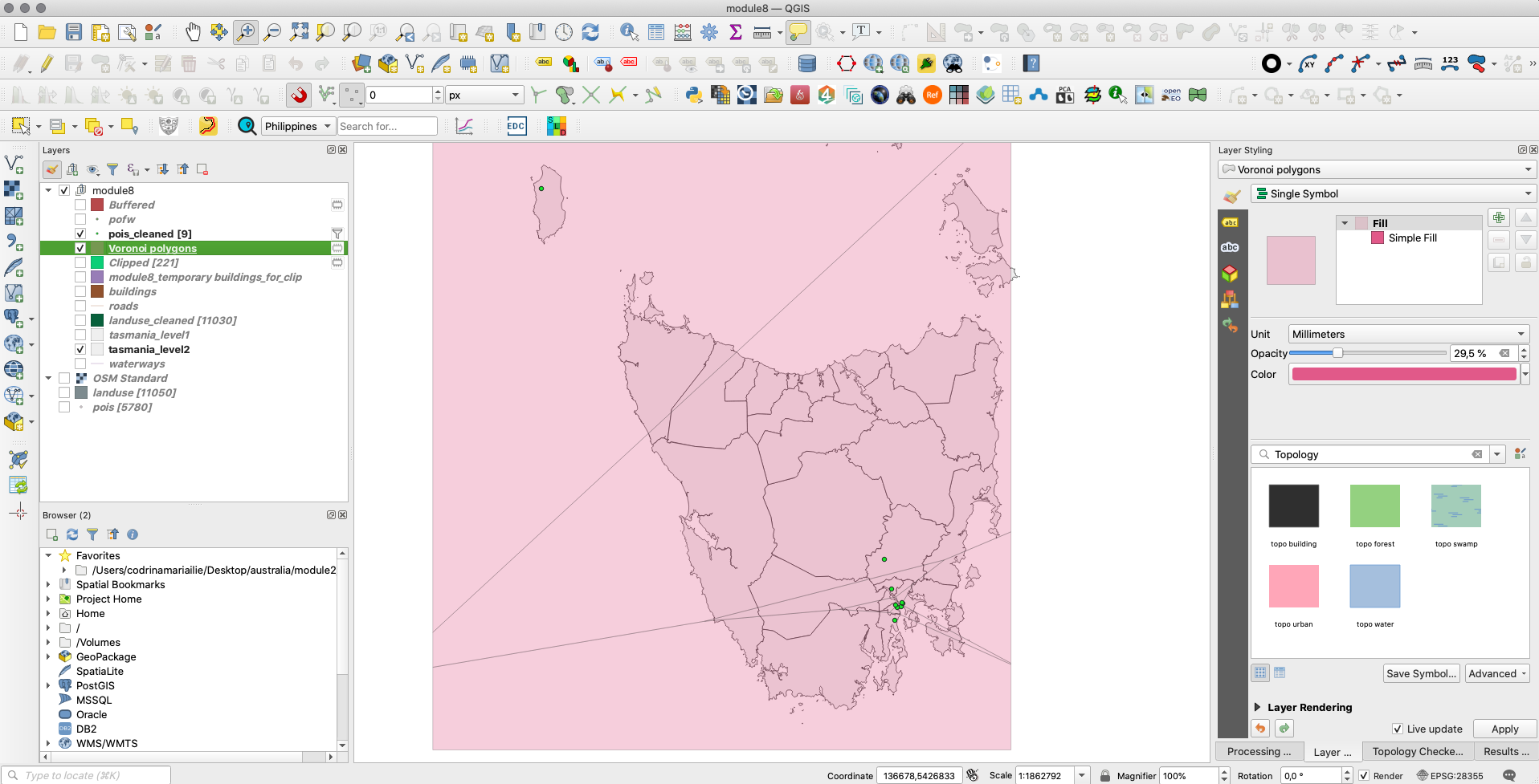 Results of applying Thiessen (Voronoi) polygons algorithm to a point vector layer