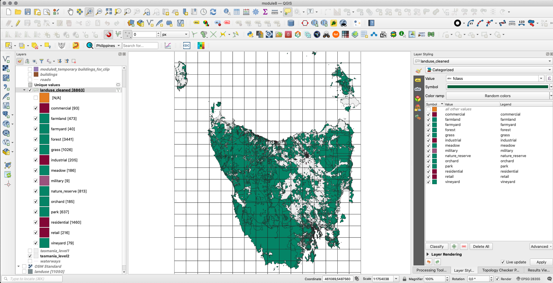 Spatial distribution of the green areas and built-up space in Tasmania