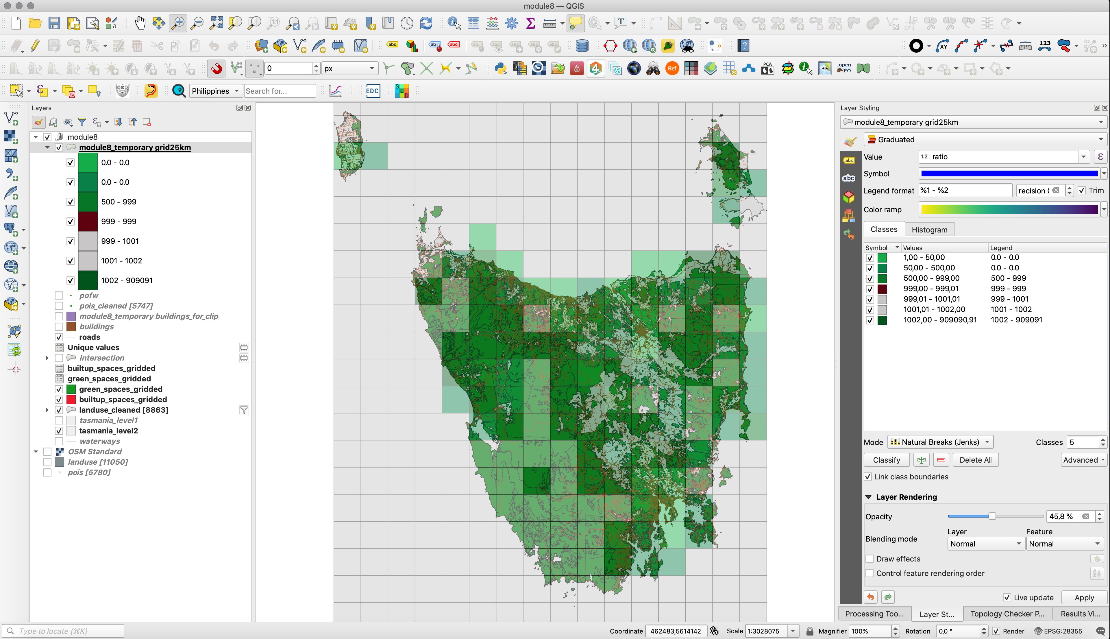 Ratio of green and built-up areas in the 25X25km grid