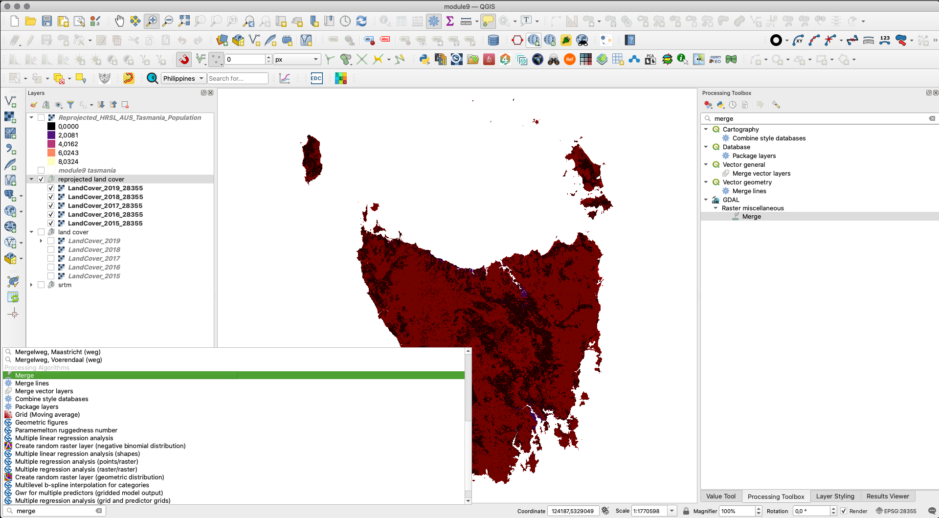 Finding the GDAL merge tool in the Processing Toolbox