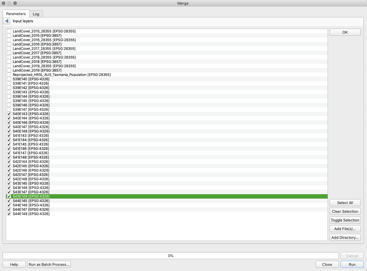 Selecting the SRTM layers to merge