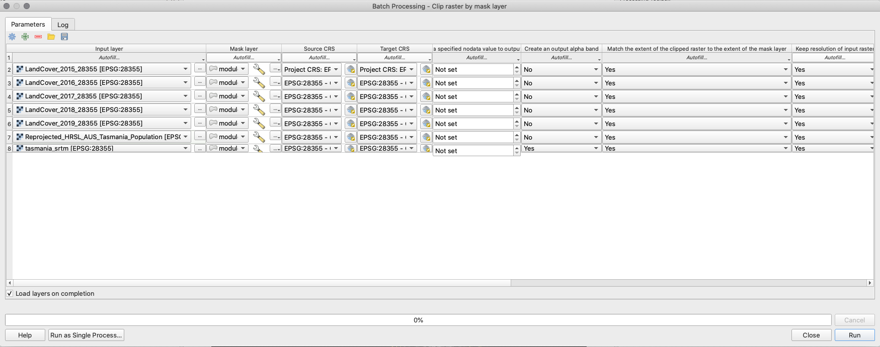 Batch process cliping all required raster layers by Tasmania division geometry