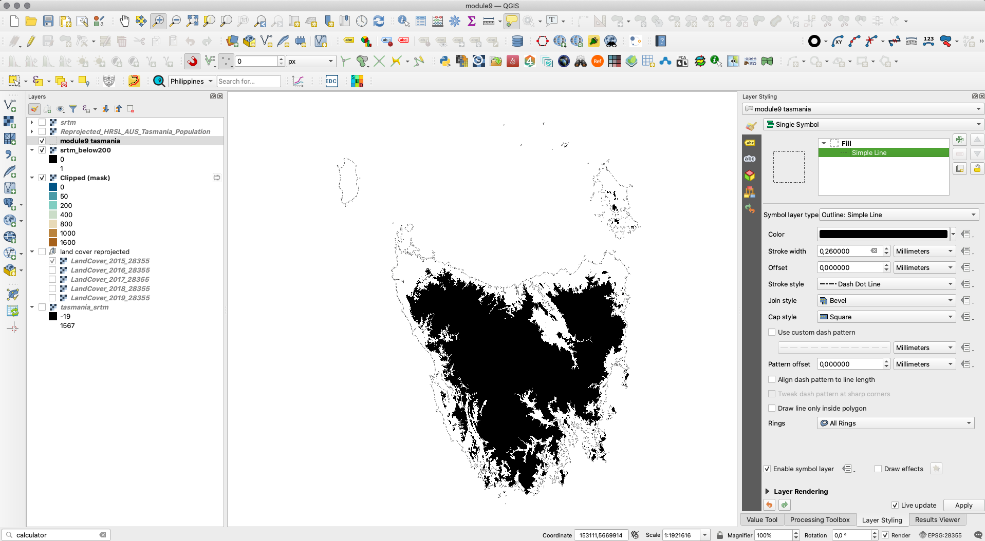 Result of identify all pixel values that are below 200 meters using the Raster Calculator