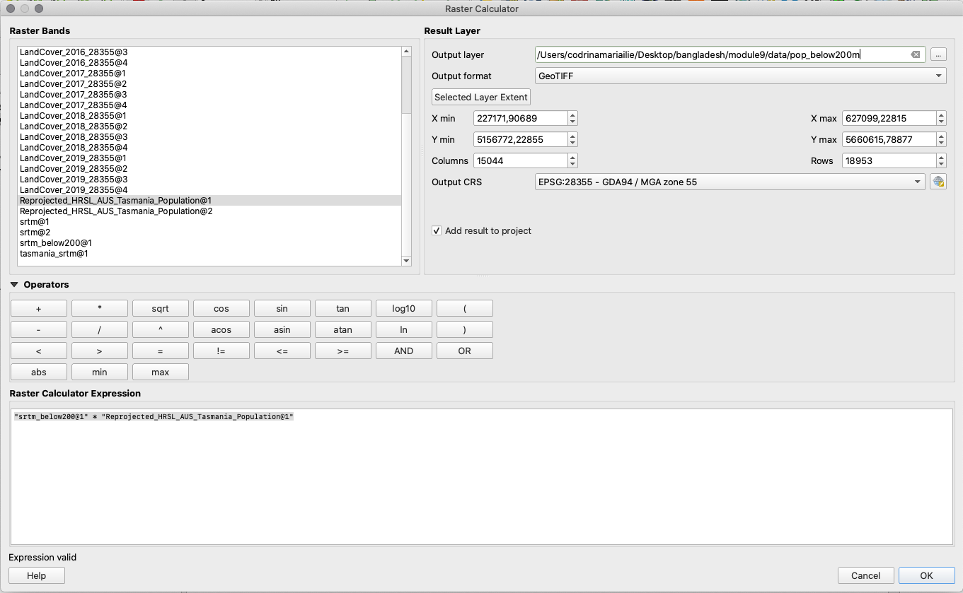 Using raster calculator to identify population distribution classes based on altitude of up to 200m