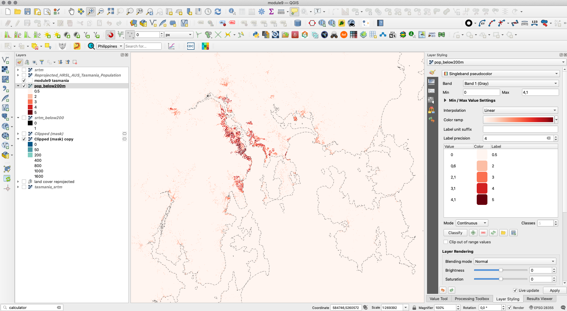 Distribution of population that lives below 200m in Tasmania, represented at a 30m resolution