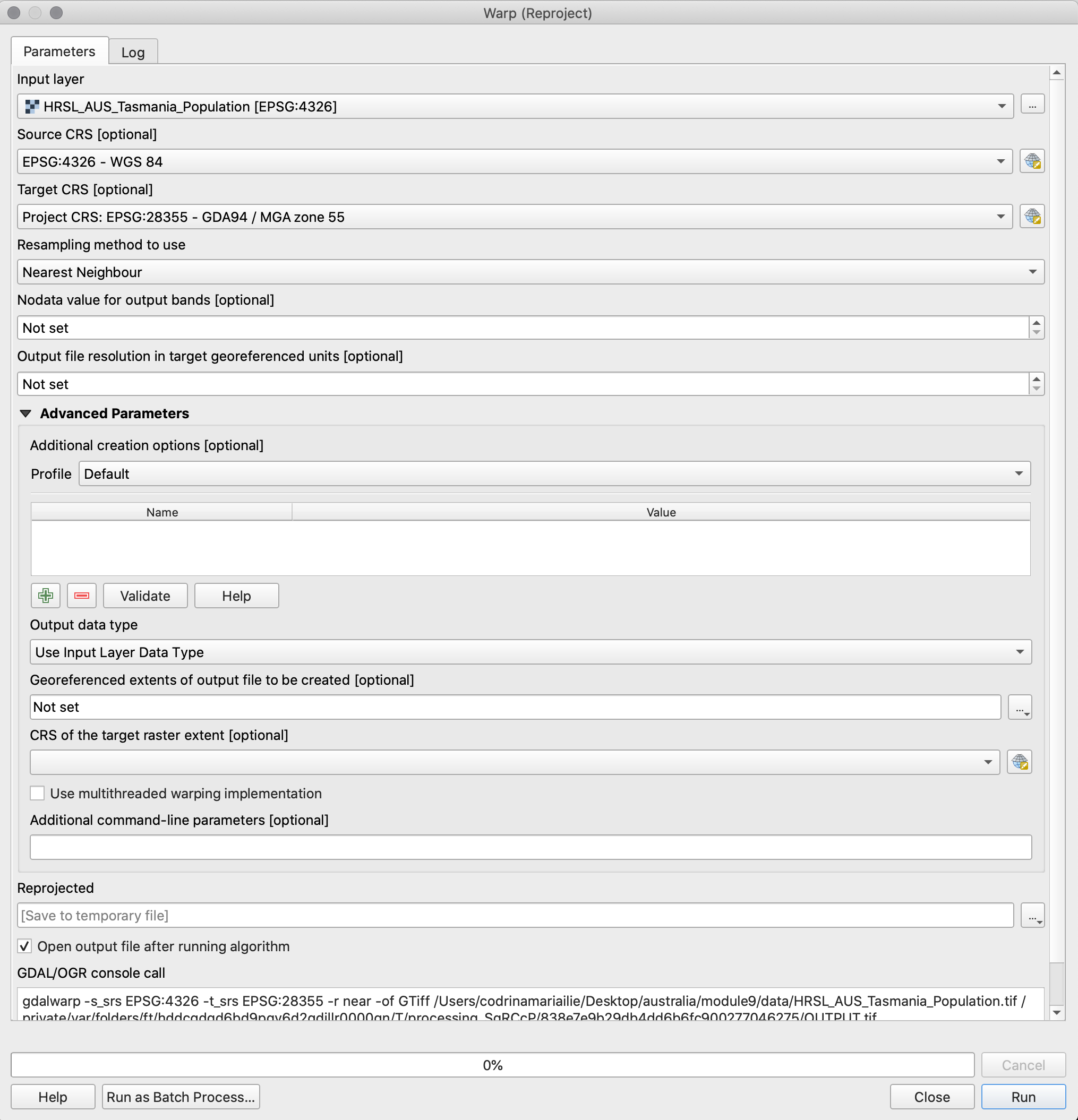 Warp (reproject) QGIS window