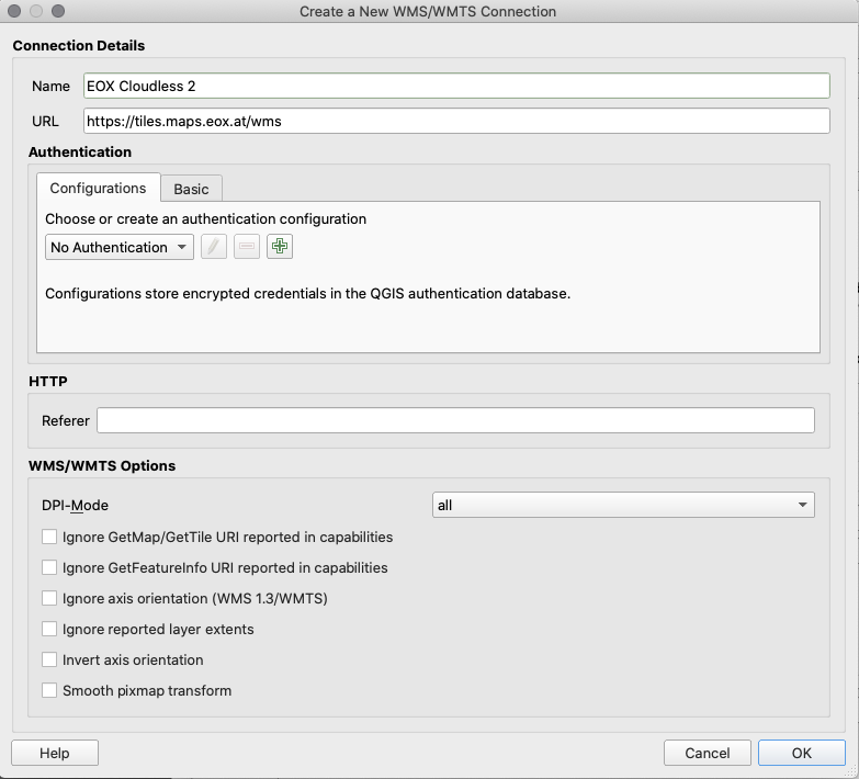 Creating a new WMS/WMTS Connection