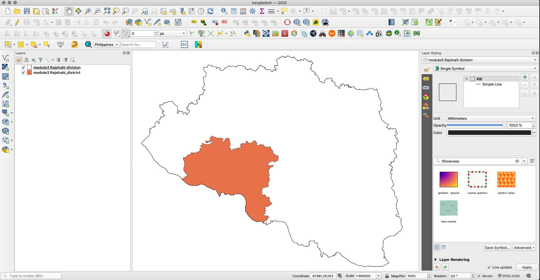 Rajshahi layers loaded in QGIS