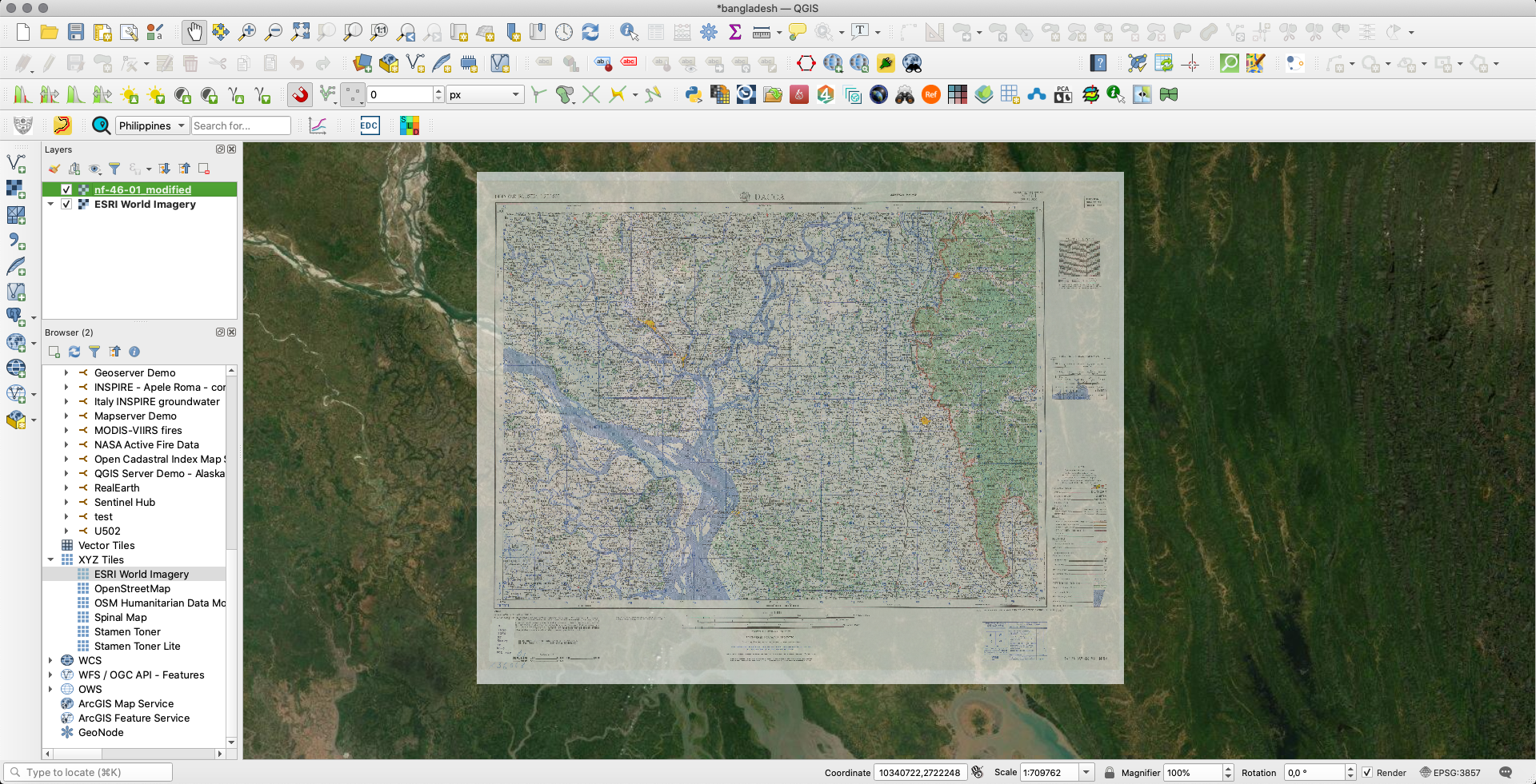 Georeferenced map loaded in QGIS