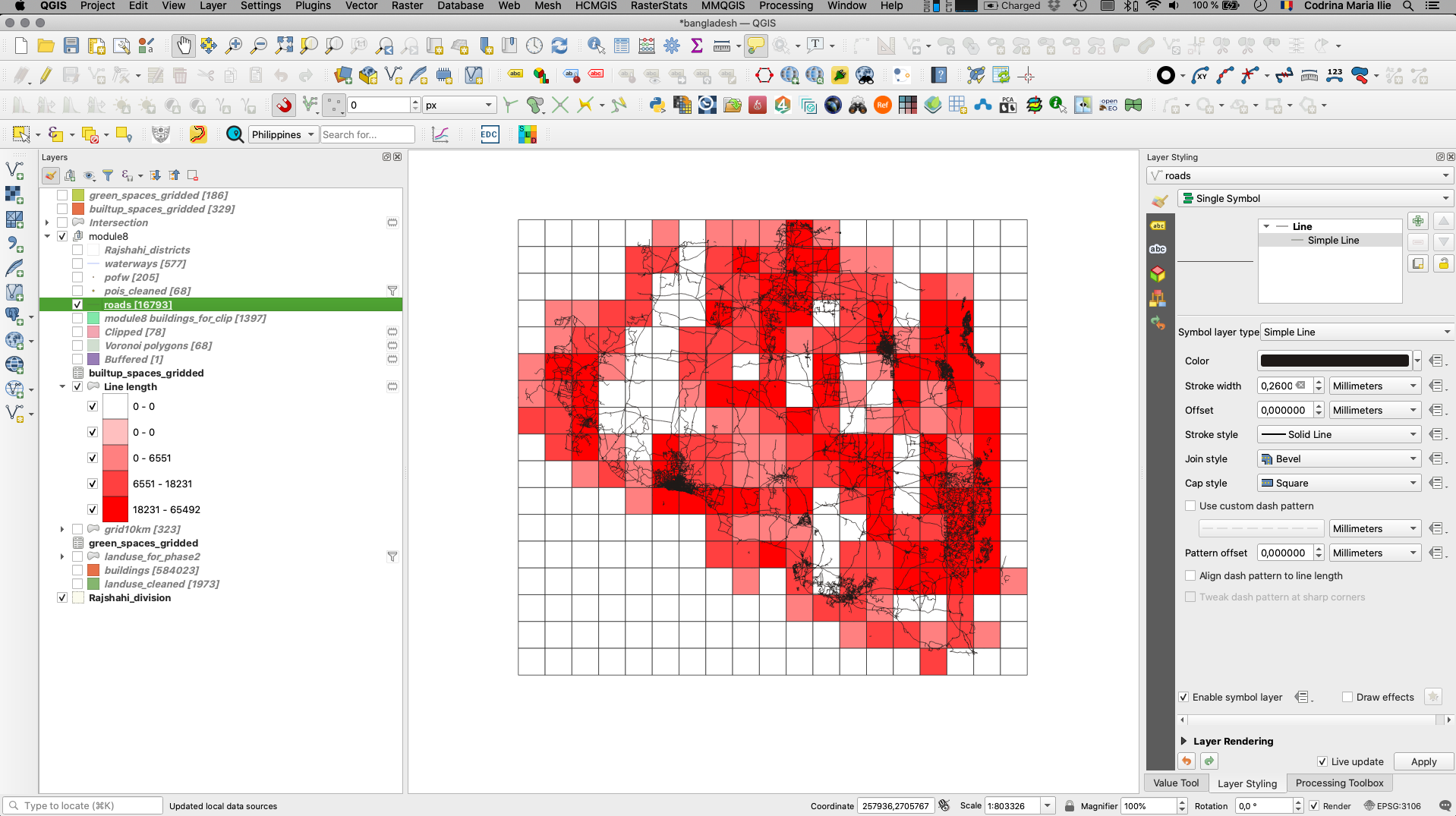 Spatial distribution of 10X10km units with most roads