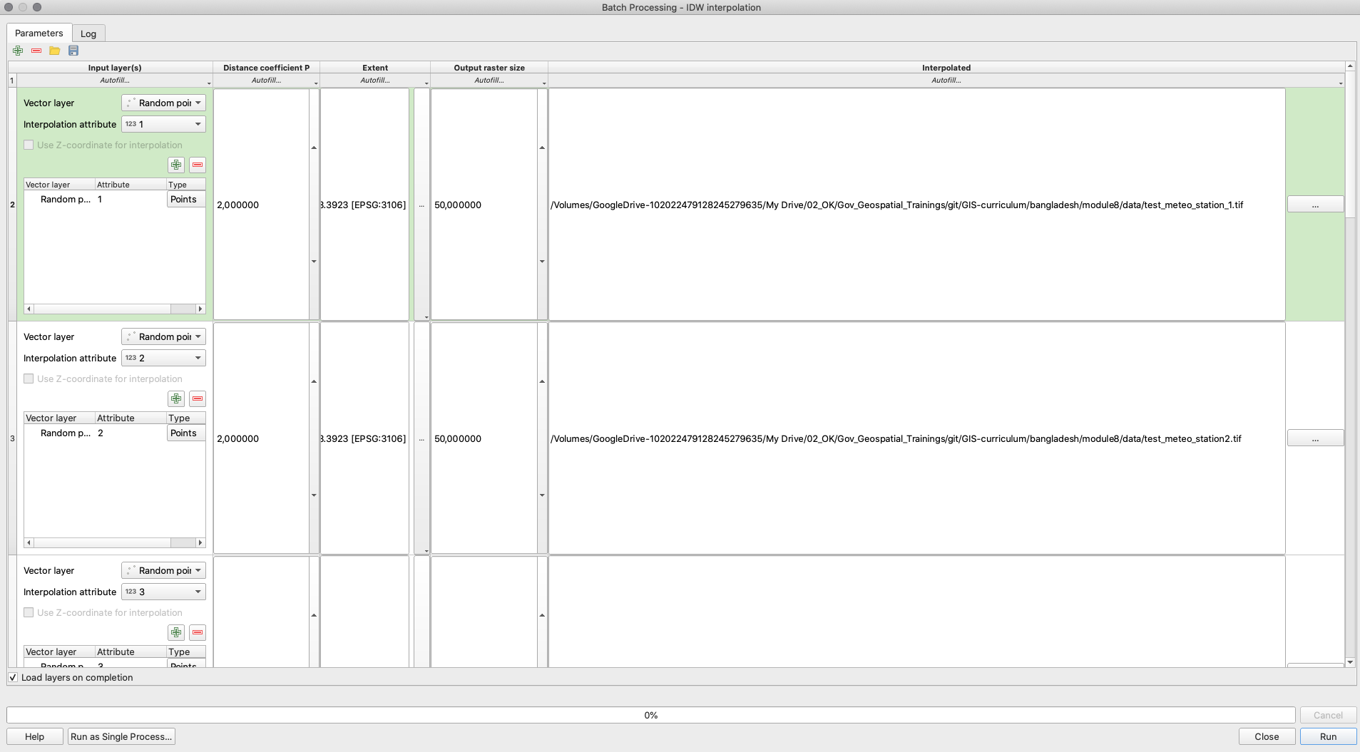 Setting up the batch processing window to interpolate the precipitation values for all 7 days