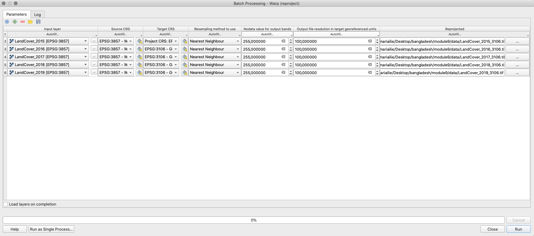 Batch processing to reproject the land cover rasters