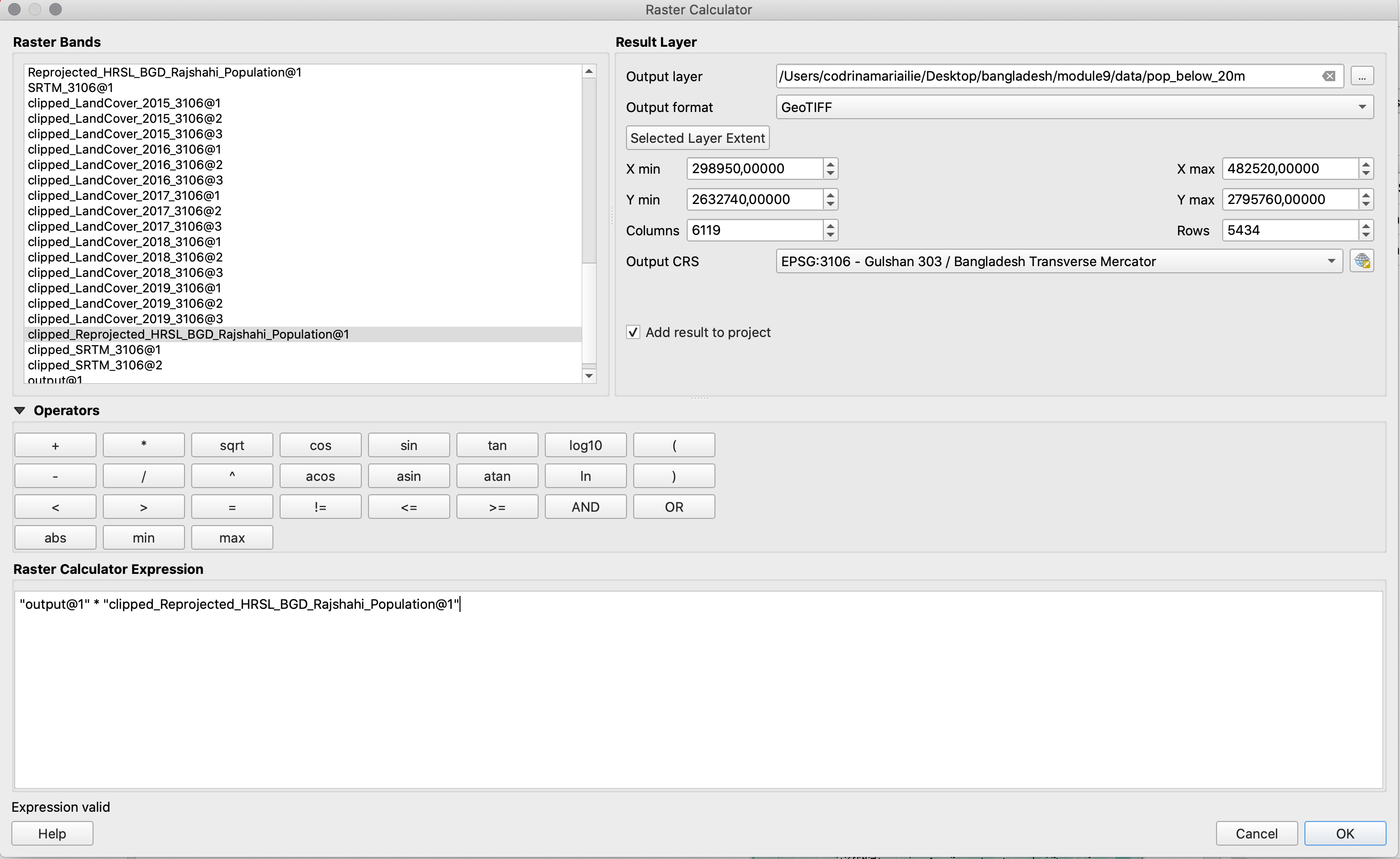 Using raster calculator to identify population distribution classes based on altitude of up to 20m