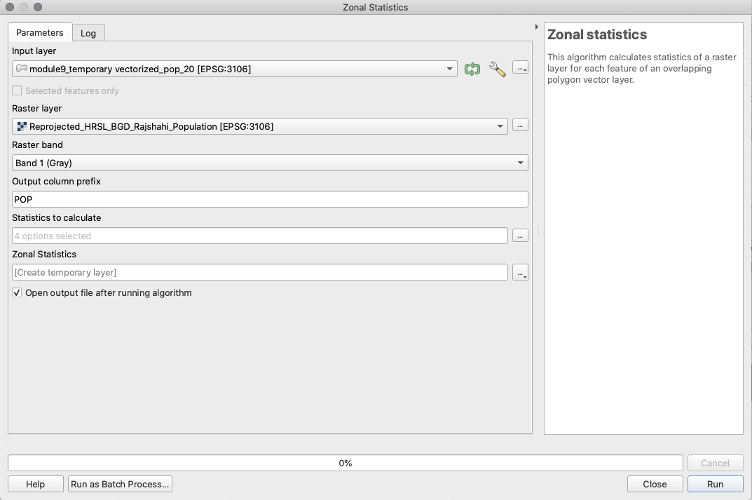 Setting the parameters for Zonal Statistics