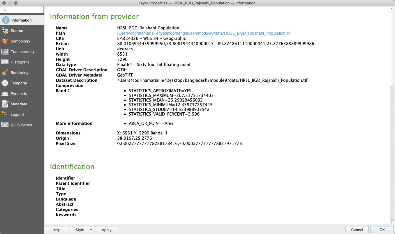 Extracting basic metadata from a raster layer