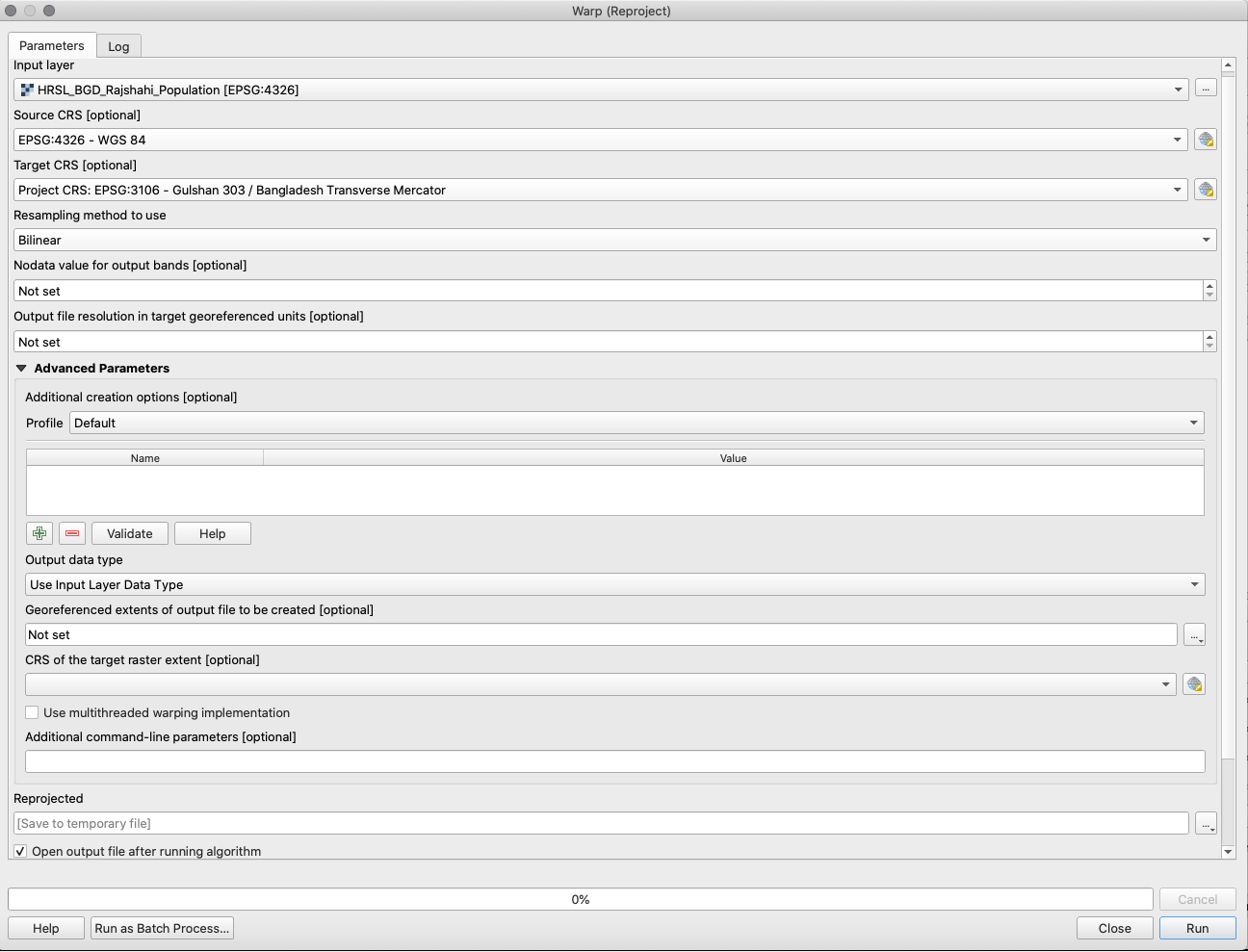 Warp (reproject) QGIS window