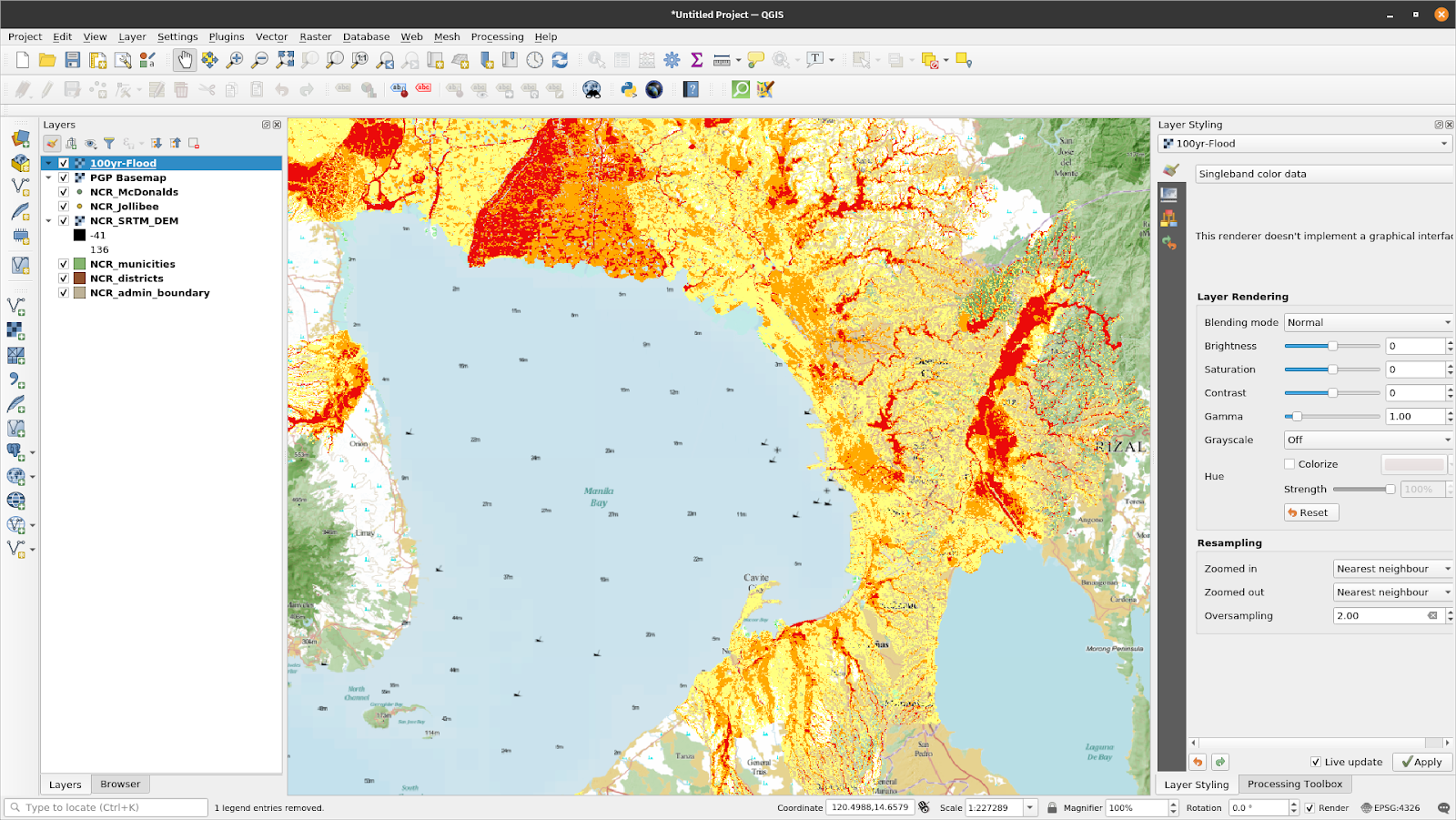 Mapa de risco de inundação do WMS carregado no QGIS