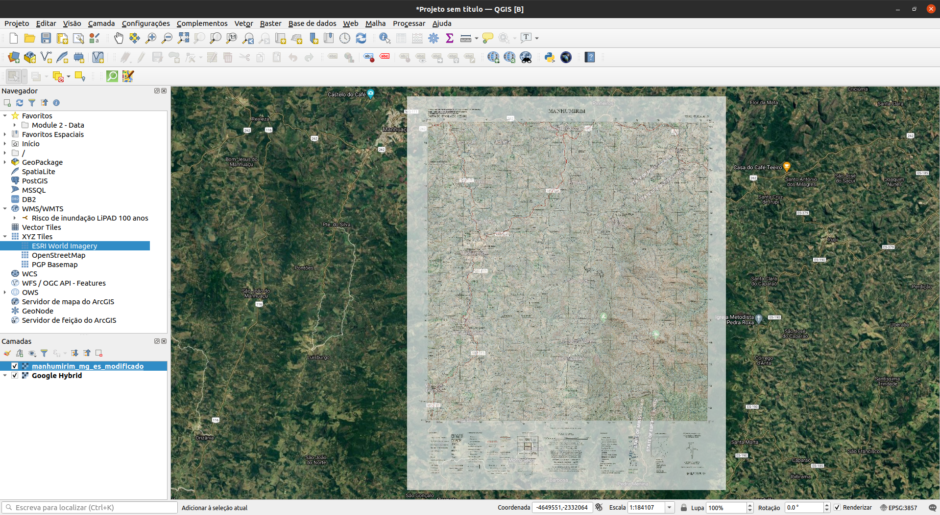 Mapa georreferenciado carregado no QGIS