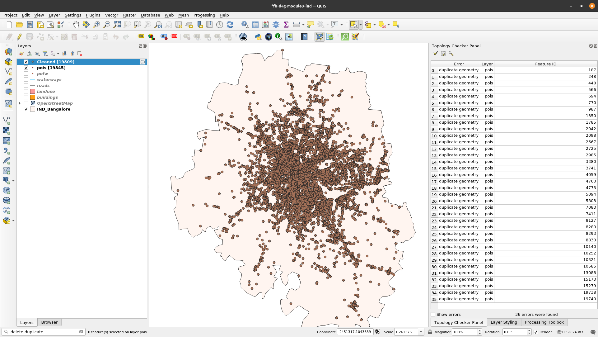 Result of running delete duplicate geometries