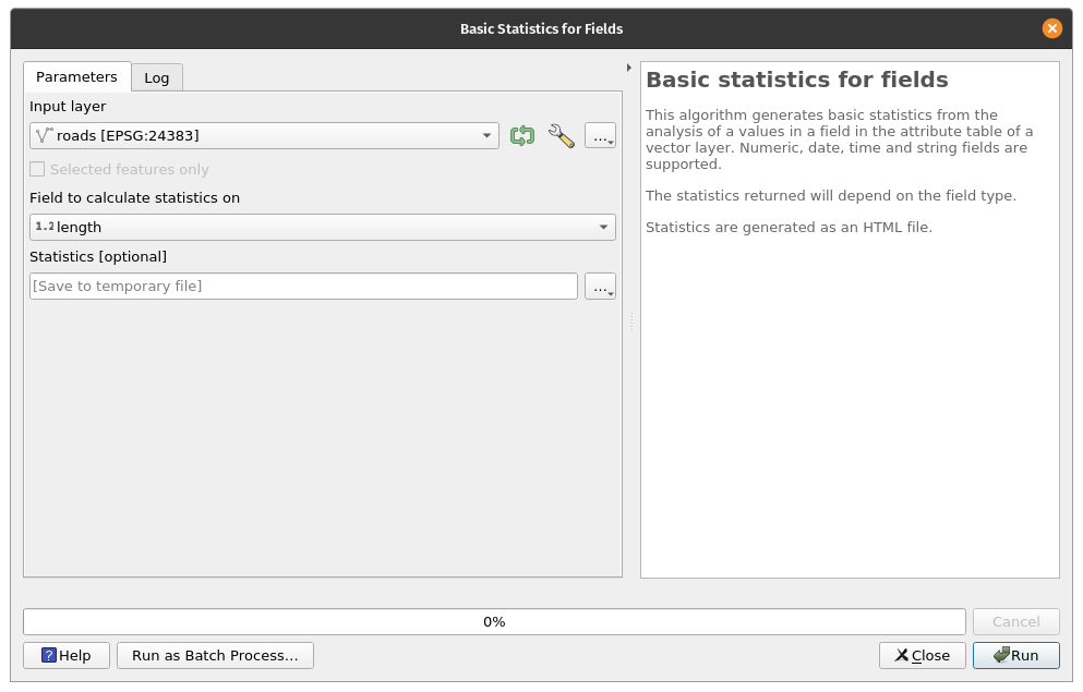 Preparing to run basics statistics for roads layer