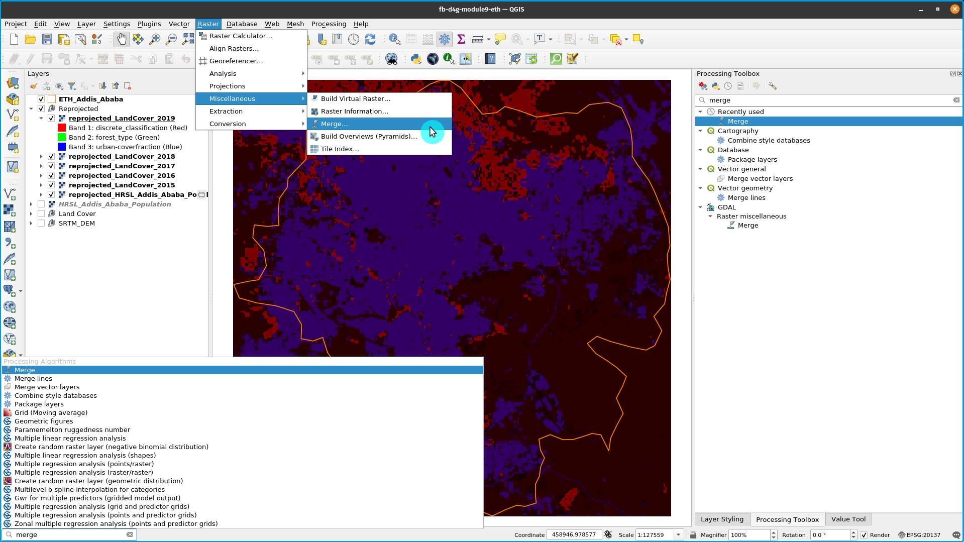 Finding the GDAL merge tool in the Processing Toolbox