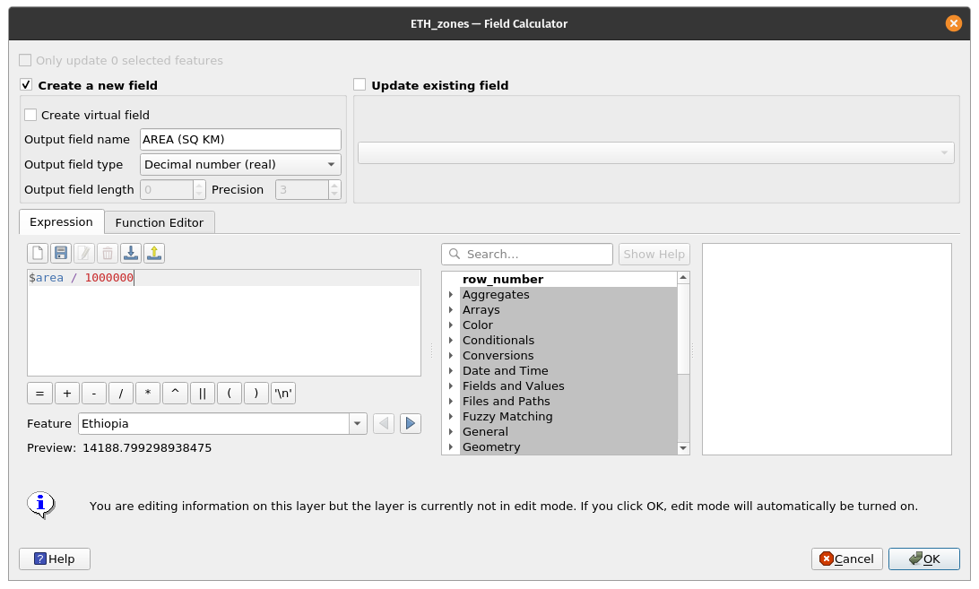 Field calculator dialogue