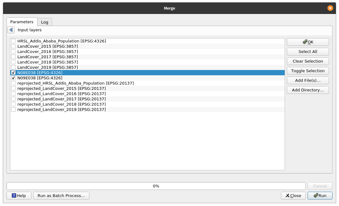 Selecting the SRTM layers to merge