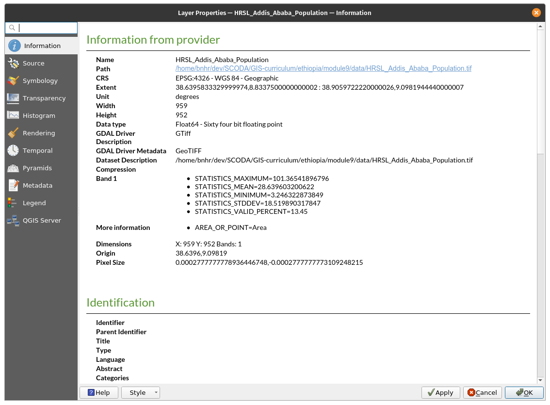 Extracting basic metadata from a raster layer