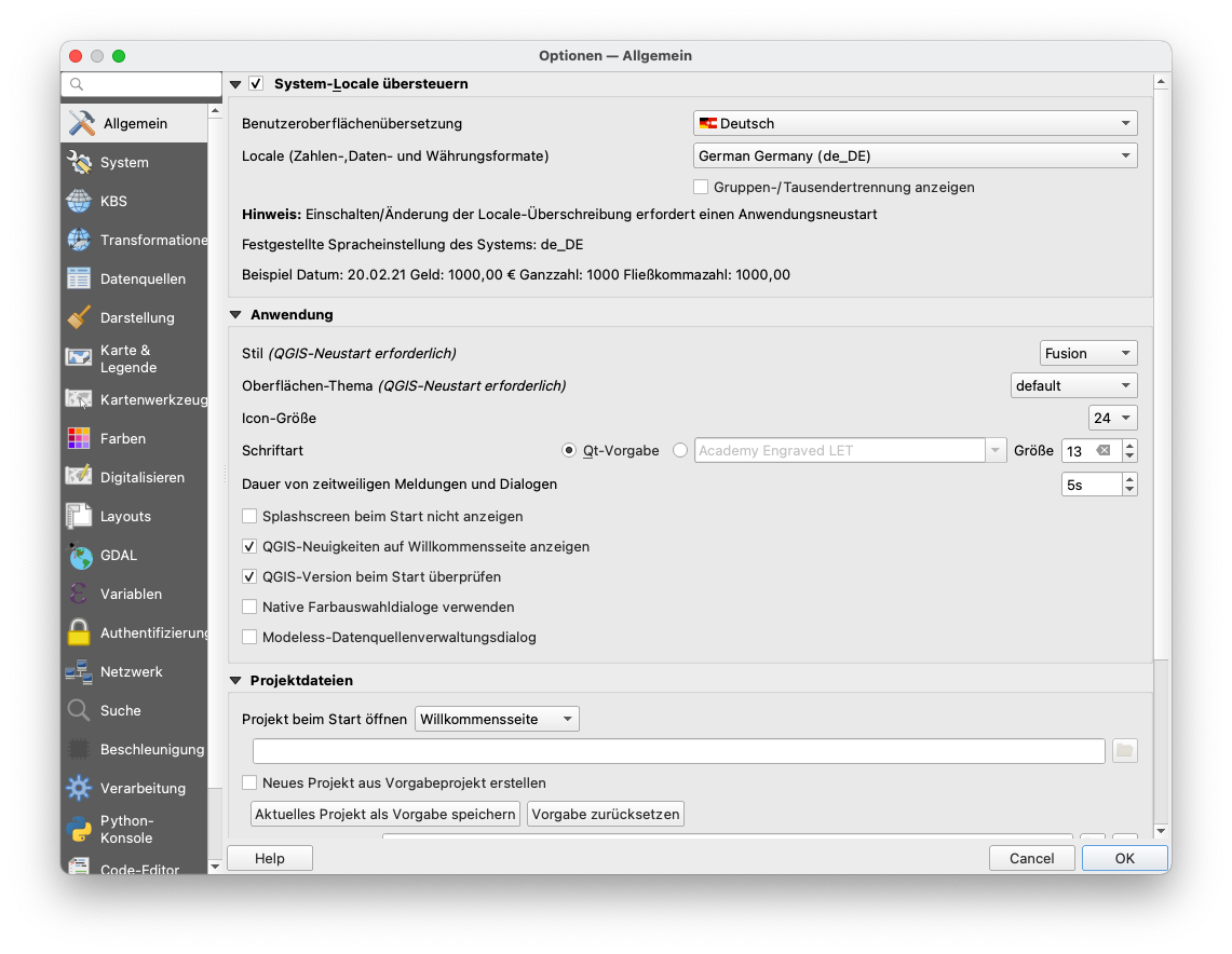 Allgemeine Einstellungen von QGIS