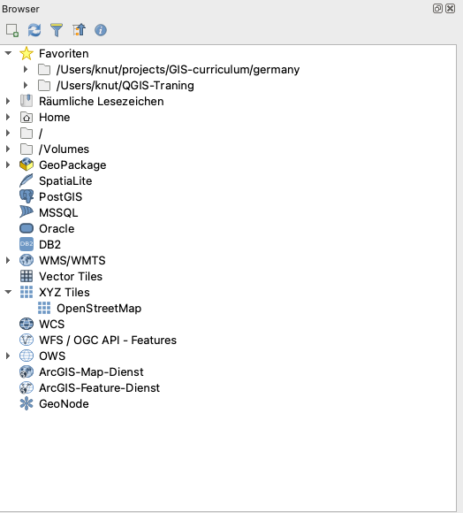 Das QGIS Browser Bedienfeld