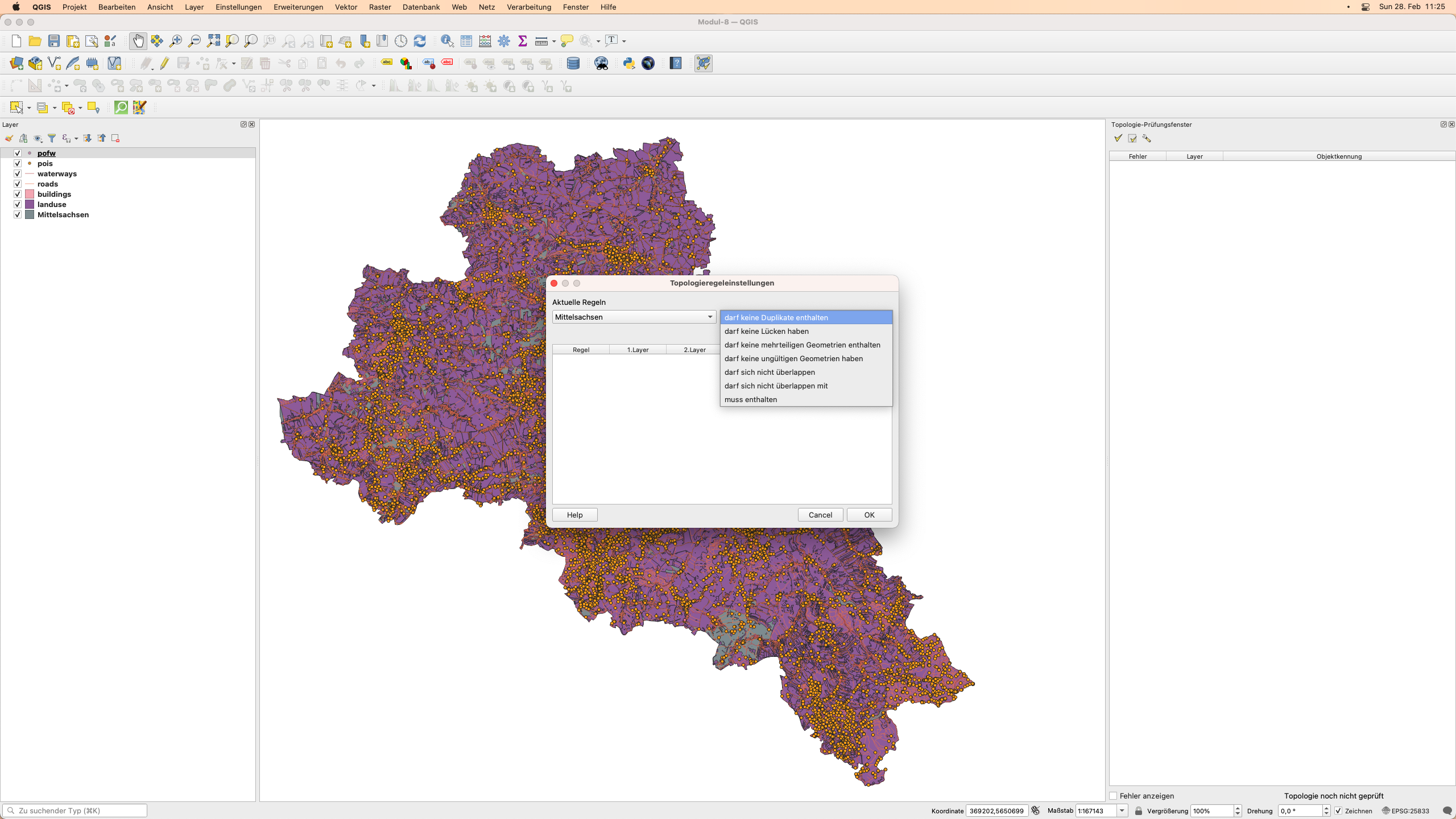 Dropdown-Menü für Topologieregeln auf Basis des ausgewählten Layers