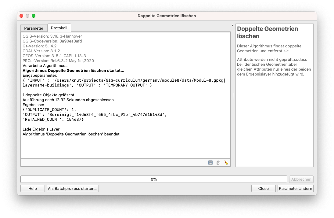 Ausgabe nach dem Entfernen doppelter Geometrien auf dem Gebäude-Vektorlayer