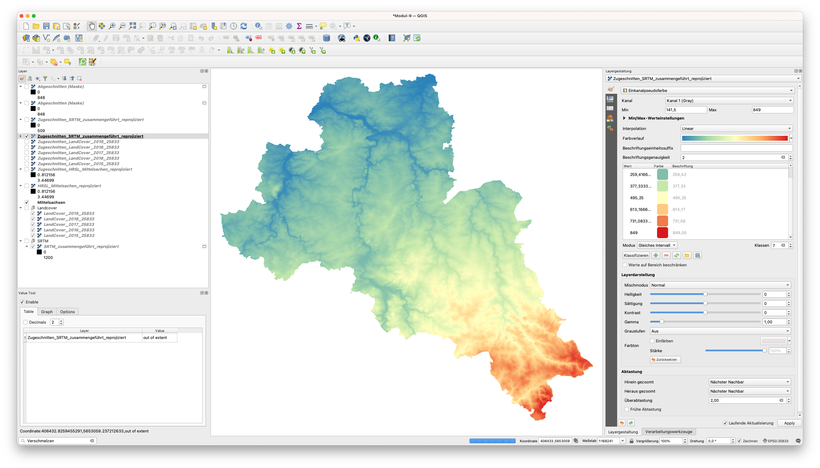 SRTM Daten stylisiert als Einkanalpseudofarbe