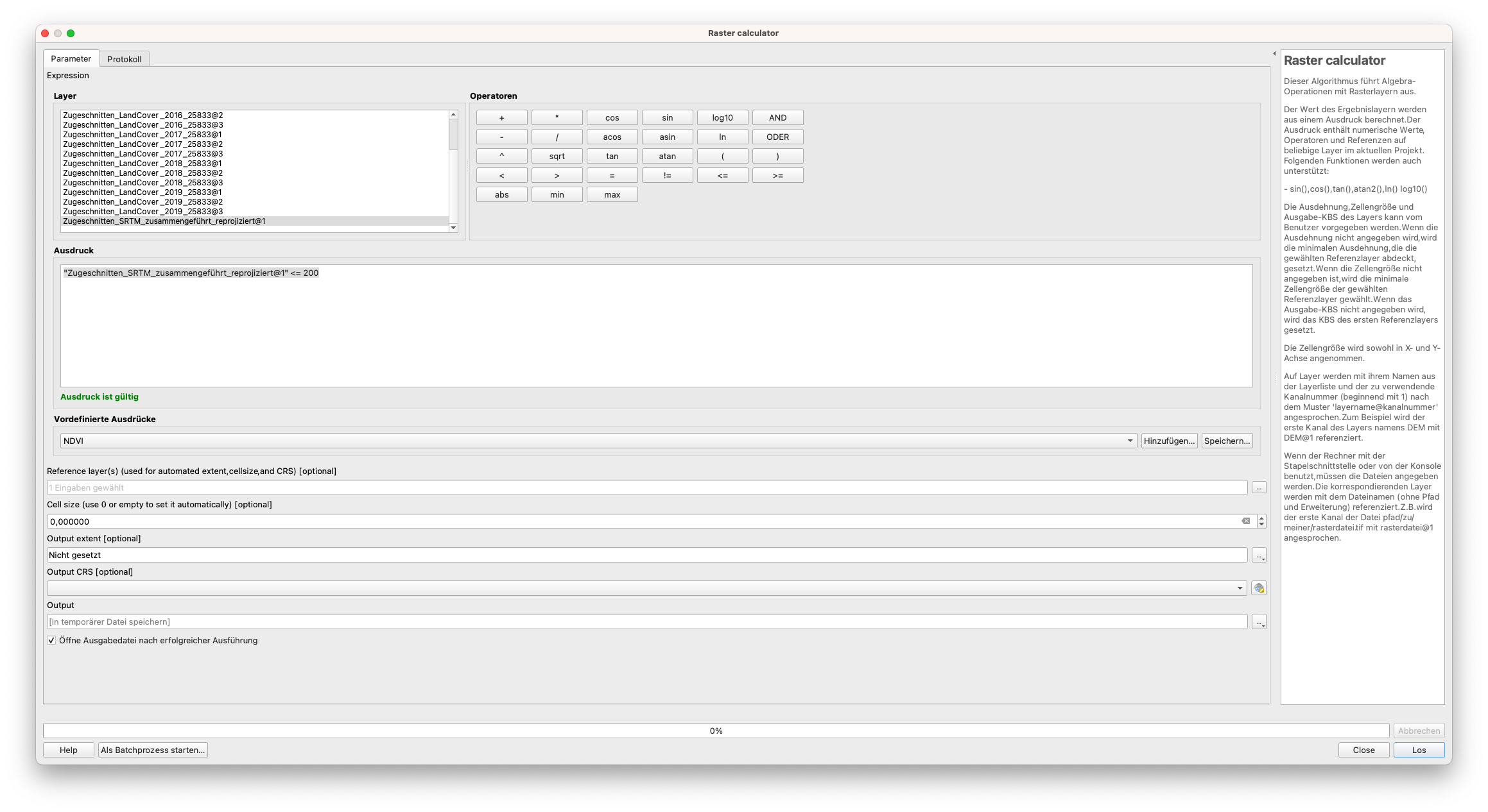 Einfügen einer Formel in den Raster Calculator