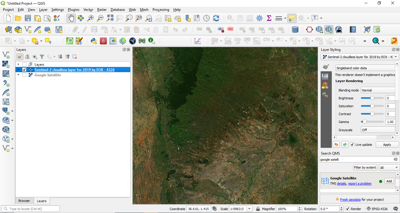 Sentinel-2 cloudless map from WMS loaded in QGIS