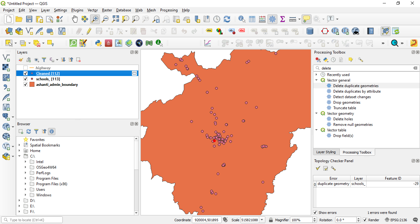 Result of running delete duplicate geometries