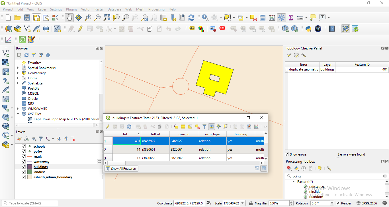 Results of topology check on the buildings vector layer