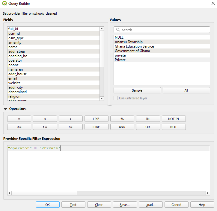 Filtering the schools_cleaned layer to get all private schools