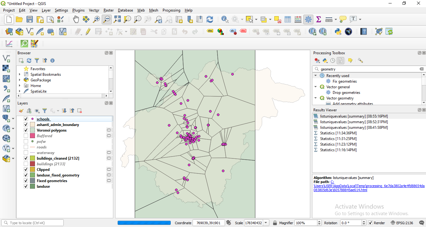 Results of applying Thiessen (Voronoi) polygons algorithm to a point vector layer