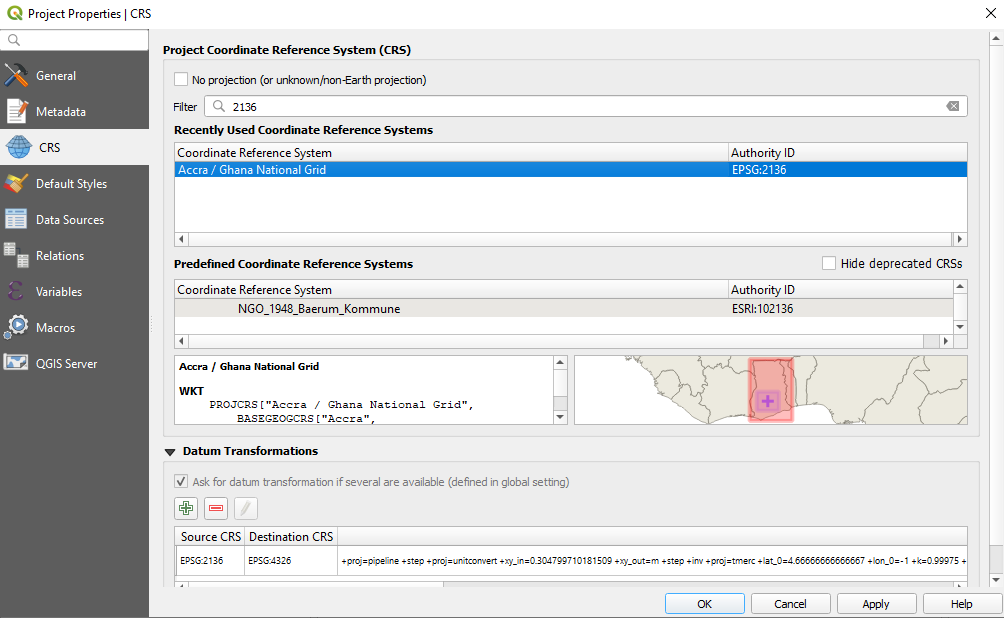 Specifications of the coordinate reference system used in the QGIS project