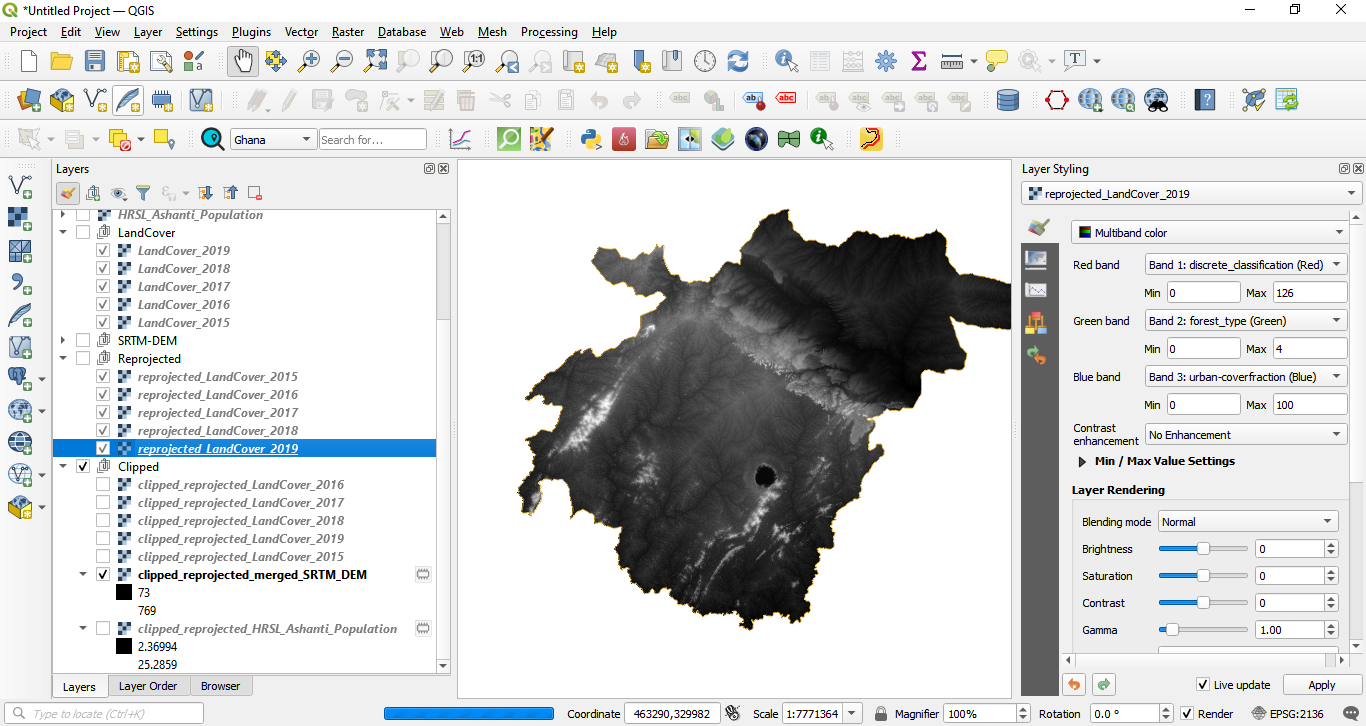 Raster layers clipped by Ashanti region contour