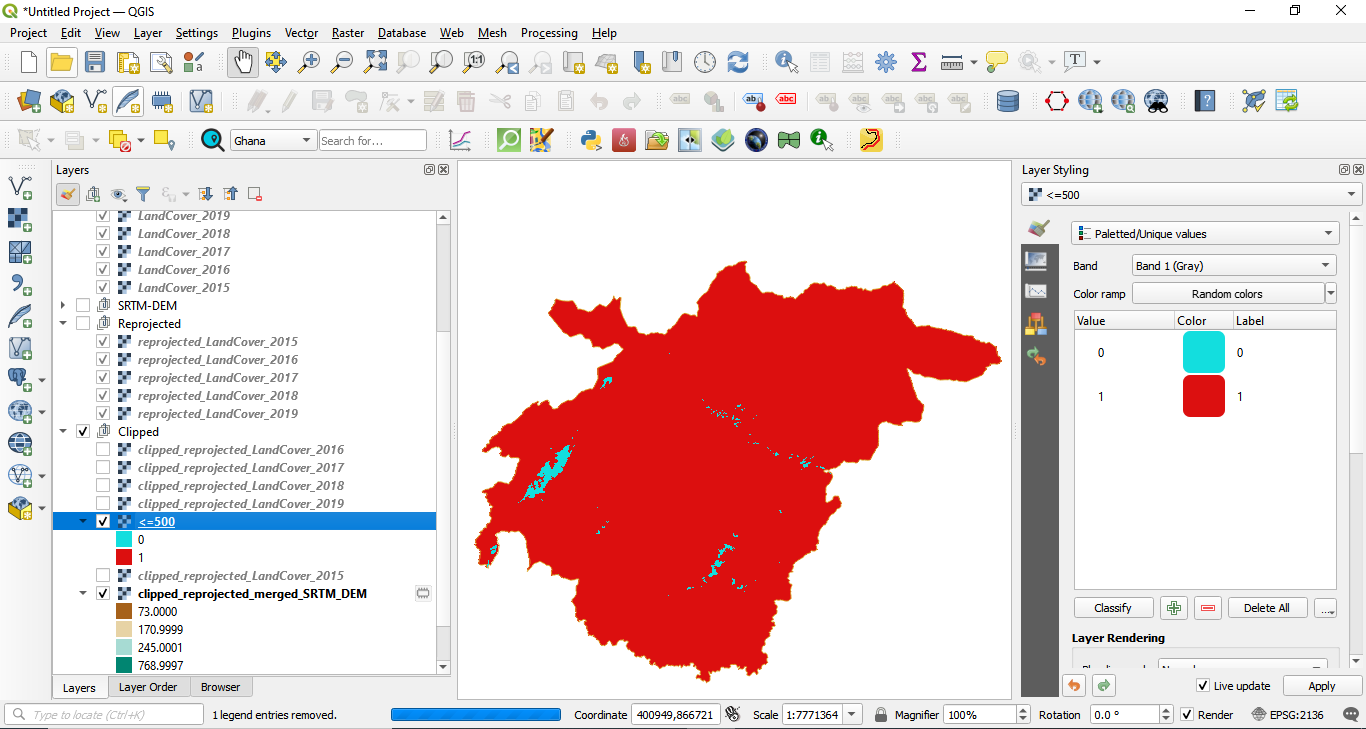 Spatial distribution of all pixels of value 1, meaning with altitude lower than 200 meters