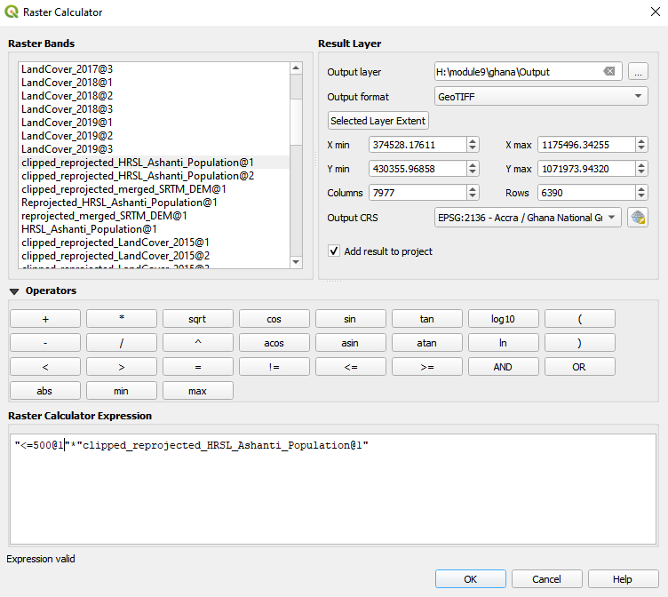 Using raster calculator to identify population distribution classes based on altitude of up to 200m