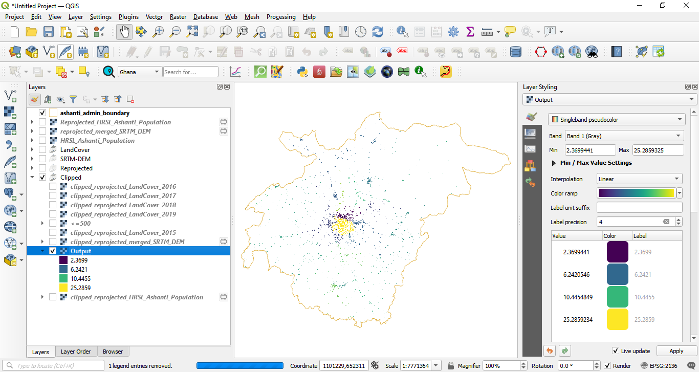 Distribution of population that lives below 200m in Ashanti region, represented at a 30m resolution